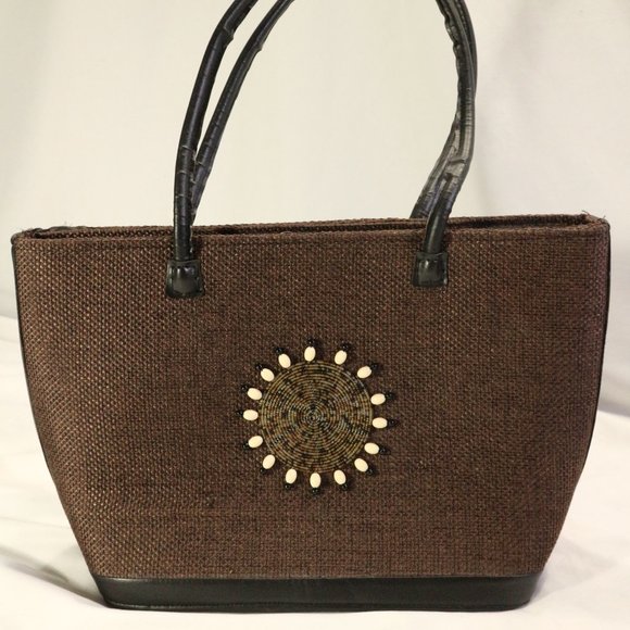 WOVEN BEADED BROWN SATCHEL PURSE Os - Picture 2 of 11